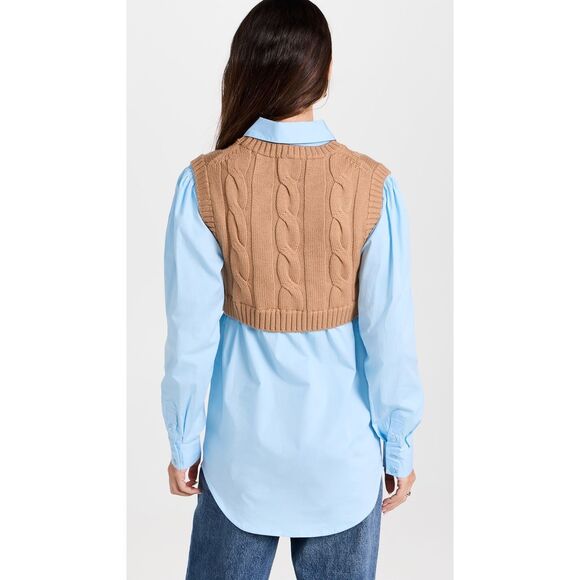NWT Staud Cooper Knit Vest and Poplin Long-Sleeve Combo Shirt Camel $375 - Picture 2 of 12